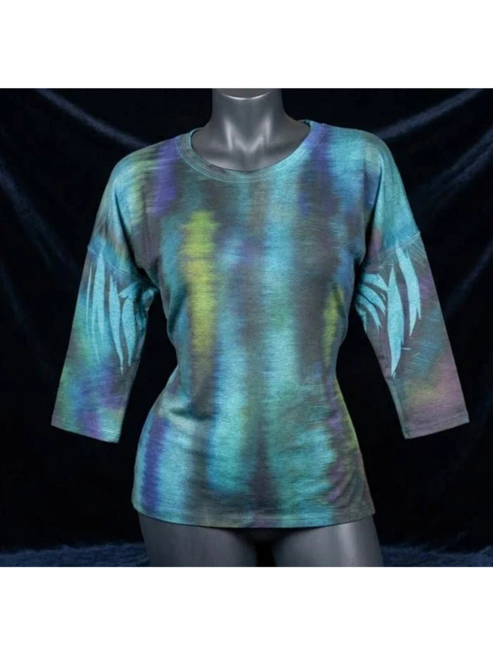 Jess & Jane Abstract Tunic Top S Teal Green Blue 3/4 Sleeve Made in USA